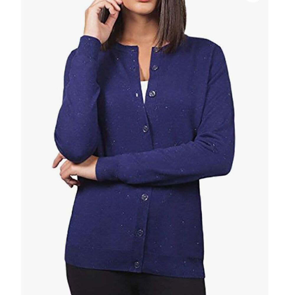 Nicole Miller Button Front Cardigan Sparkle Knit Crew Neck Cobalt Blue Medium
